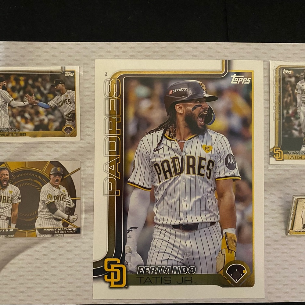 2025 Fernando Tatis Jr. Padres Card bundle. Oversized plus pin and other cards.